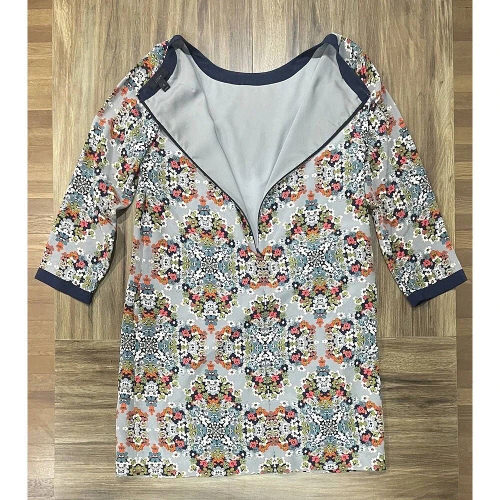 J.CREW Womens Silk Gray Misty Fog Floral Navy Trim 3/4 Sleeve Shift Dress Sz 6
